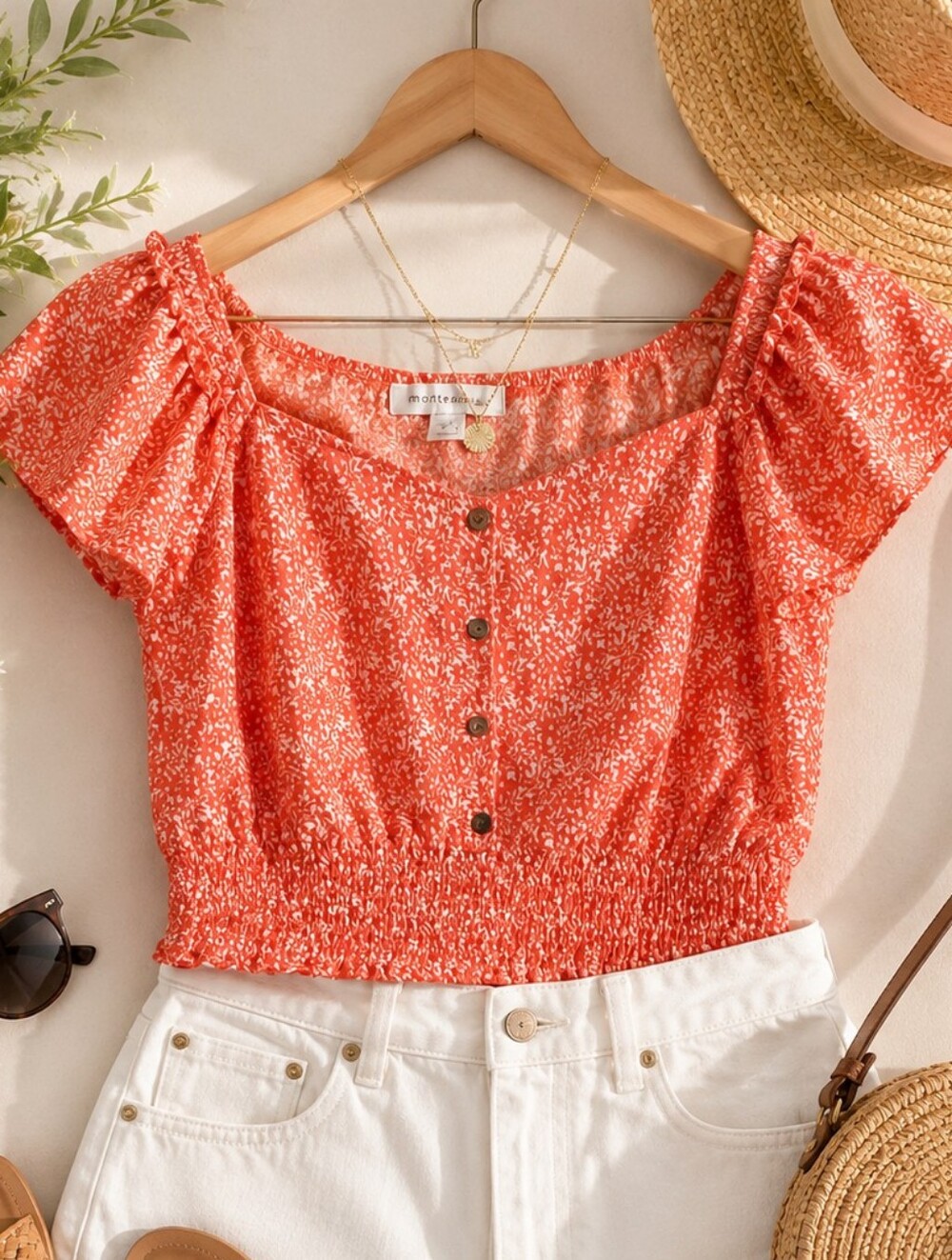Monteau Coral Orange Floral Button-Front Cropped Blouse
